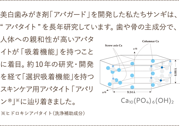 美白歯みがき剤「アパガード」を開発した私たちサンギは、“アパタイト”を長年研究しています。歯や骨の主成分で、人体への親和性が高いアパタイトが「吸着機能」を持つことに着目。約10年の研究・開発を経て「選択吸着機能」を持つスキンケア用アパタイト「アパリン®」※に辿り着きました。