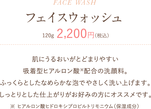 フェイスウォッシュ 120g 2,200円(税込) 肌にうるおいがとどまりやすい吸着型ヒアルロン酸配合の洗顔料。ふっくらとしたなめらかな泡でやさしく洗い上げます。しっとりとした仕上がりがお好みの方にオススメです。