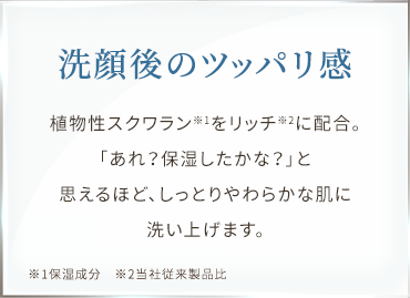 洗顔後のツッパリ感 植物性スクワラン※1をリッチ※2に配合。「あれ？保湿したかな？」と思えるほど、しっとりやわらかな肌に洗い上げます。※1保湿成分　※2当社従来製品比